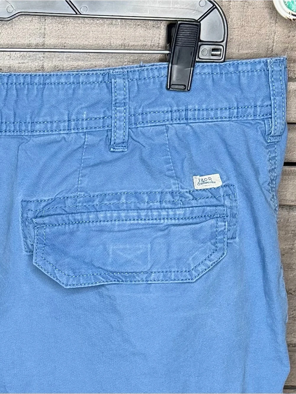 IZOD Men's Blue Solid Cotton Cargo Shorts Flat Front Pockets  Size 36